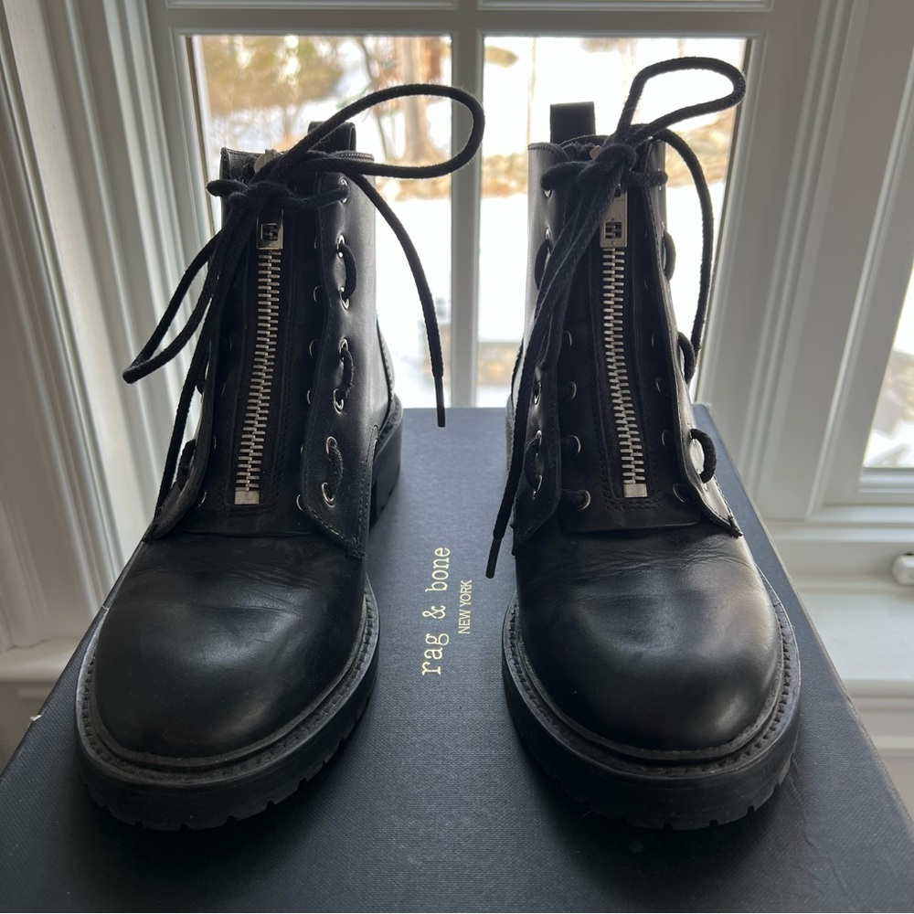Rag & Bone black combat lace-up boots with front zipper